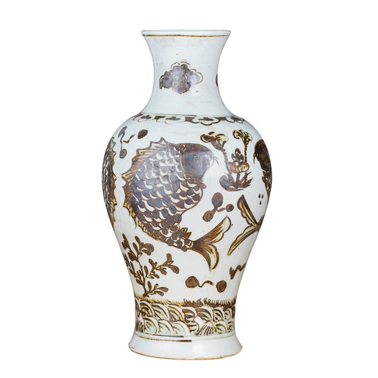 Brown + White Fish Vase